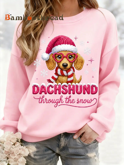 Women’s Christmas Dachshund Through The Snow Print Casual Sweatshirt Pink / S