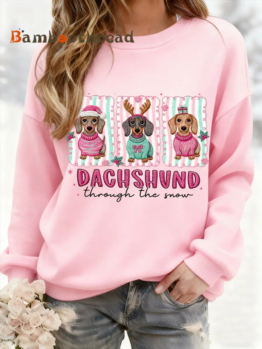 Women’s Christmas Dachshund Through The Snow Print Casual Sweatshirt Pink / S