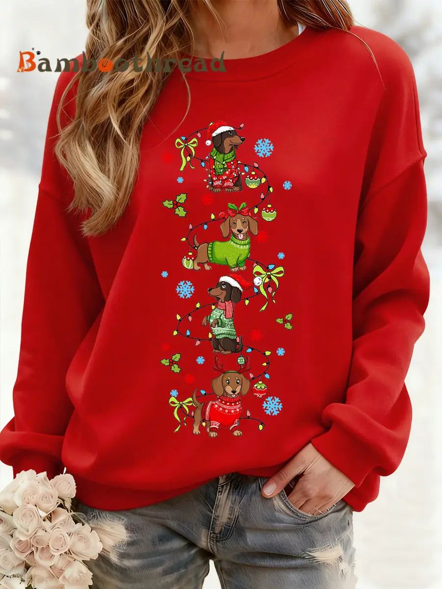 Women’s Christmas Dachshund Through The Snow Print Casual Sweatshirt Red / S