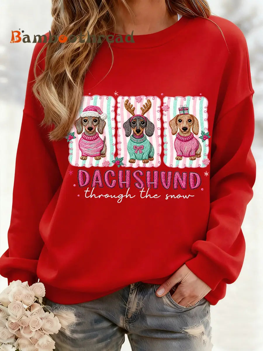 Women’s Christmas Dachshund Through The Snow Print Casual Sweatshirt Red / S