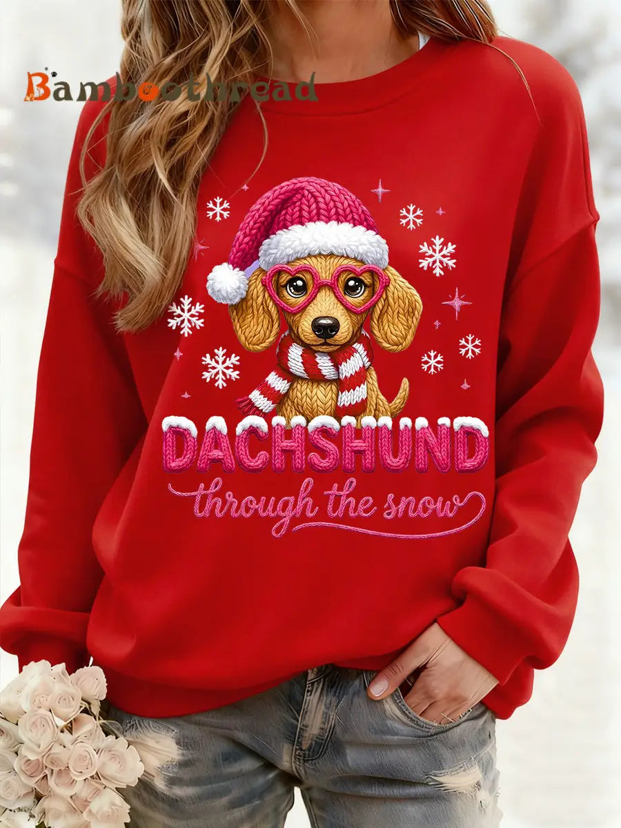 Women’s Christmas Dachshund Through The Snow Print Casual Sweatshirt Red / S