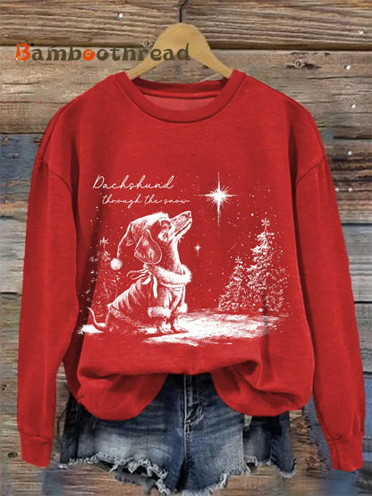 Women’s Christmas Dachshund Through The Snow Print Casual Sweatshirt Red / S