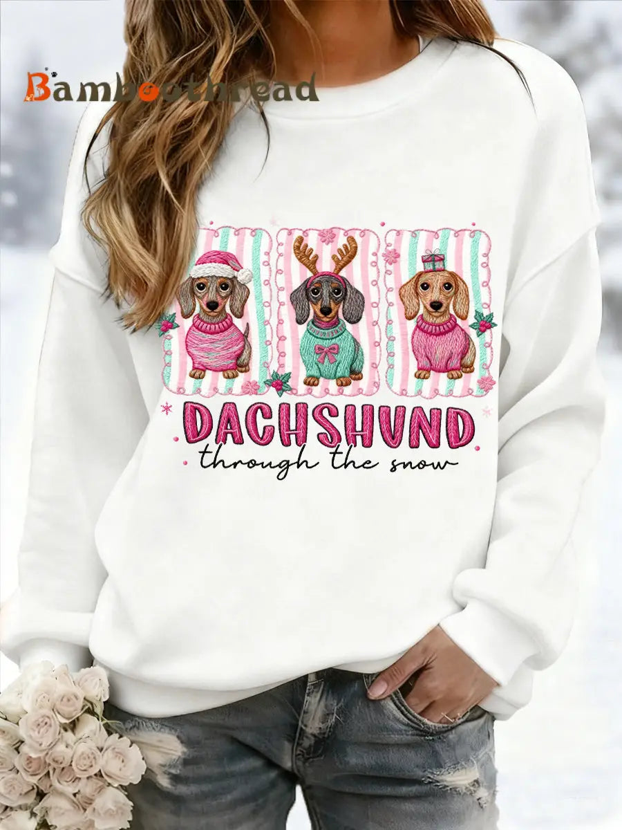 Women’s Christmas Dachshund Through The Snow Print Casual Sweatshirt White / S