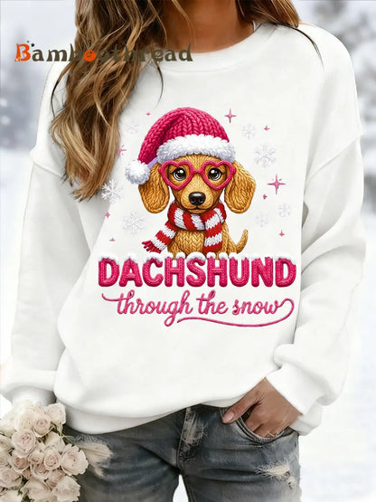 Women’s Christmas Dachshund Through The Snow Print Casual Sweatshirt White / S