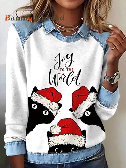 Women’s Christmas Funny Cute Cats Print Casual Top White / S