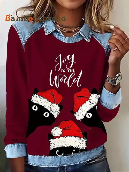 Women’s Christmas Funny Cute Cats Print Casual Top Wine Red / S