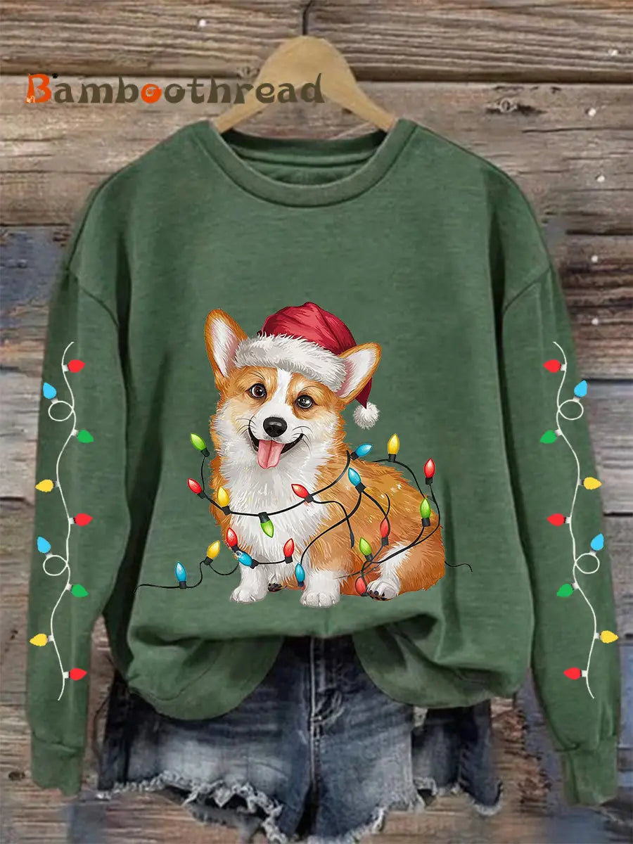 Women’s Christmas Lights Corgi Print Casual Sweatshirt Green / S