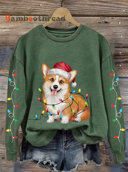 Women’s Christmas Lights Corgi Print Casual Sweatshirt Green / S