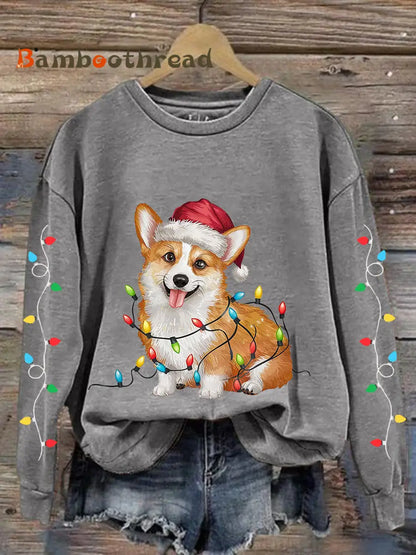 Women’s Christmas Lights Corgi Print Casual Sweatshirt Light Gray / S