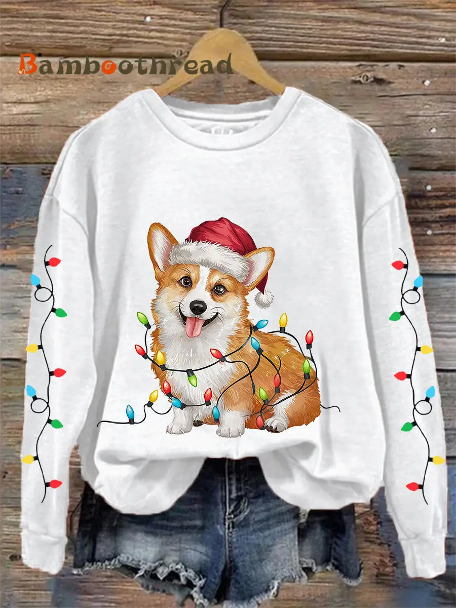 Women’s Christmas Lights Corgi Print Casual Sweatshirt White / S