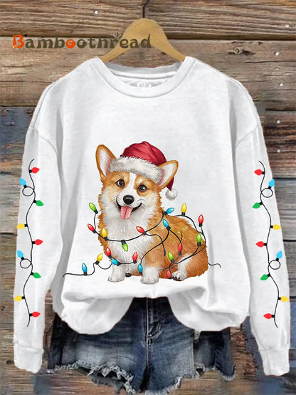 Women’s Christmas Lights Corgi Print Casual Sweatshirt White / S