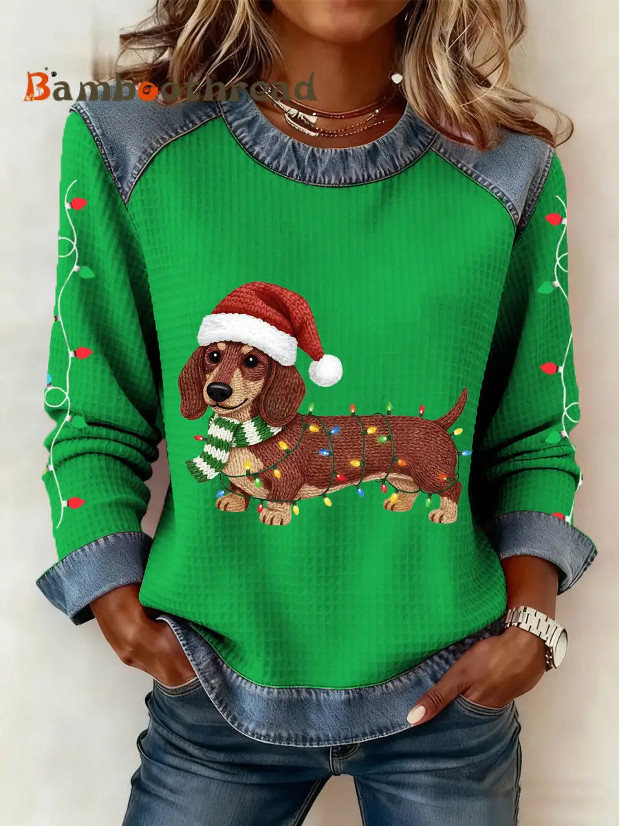 Women’s Christmas Lights Dachshund Print Casual Denim Patchwork Top Green / S