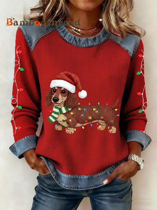 Women’s Christmas Lights Dachshund Print Casual Denim Patchwork Top Red / S