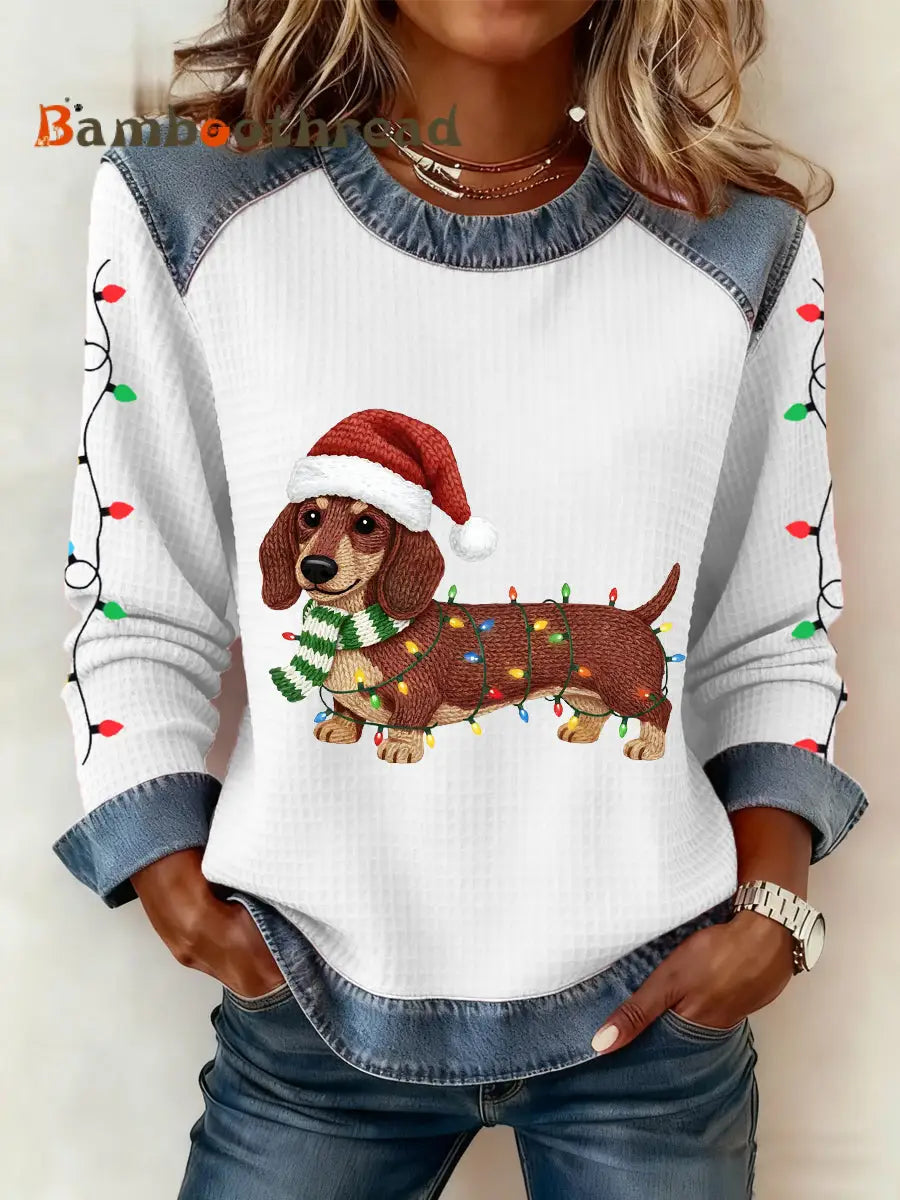 Women’s Christmas Lights Dachshund Print Casual Denim Patchwork Top White / S