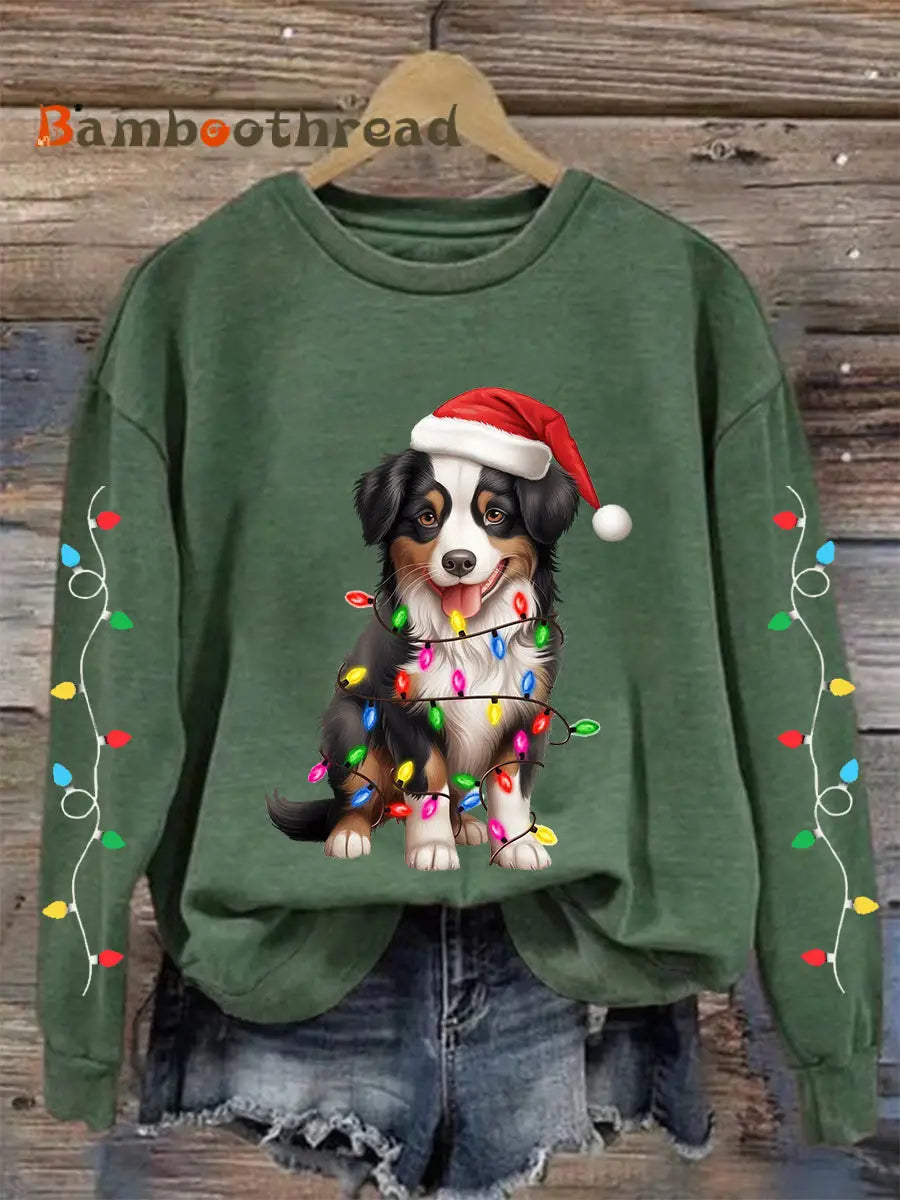 Women’s Christmas Lights Dog Print Casual Sweatshirt Green / S