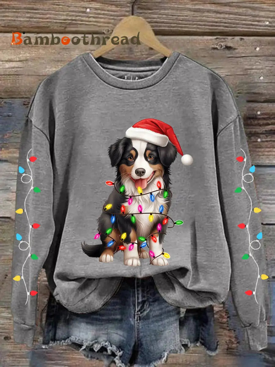 Women’s Christmas Lights Dog Print Casual Sweatshirt Light Gray / S