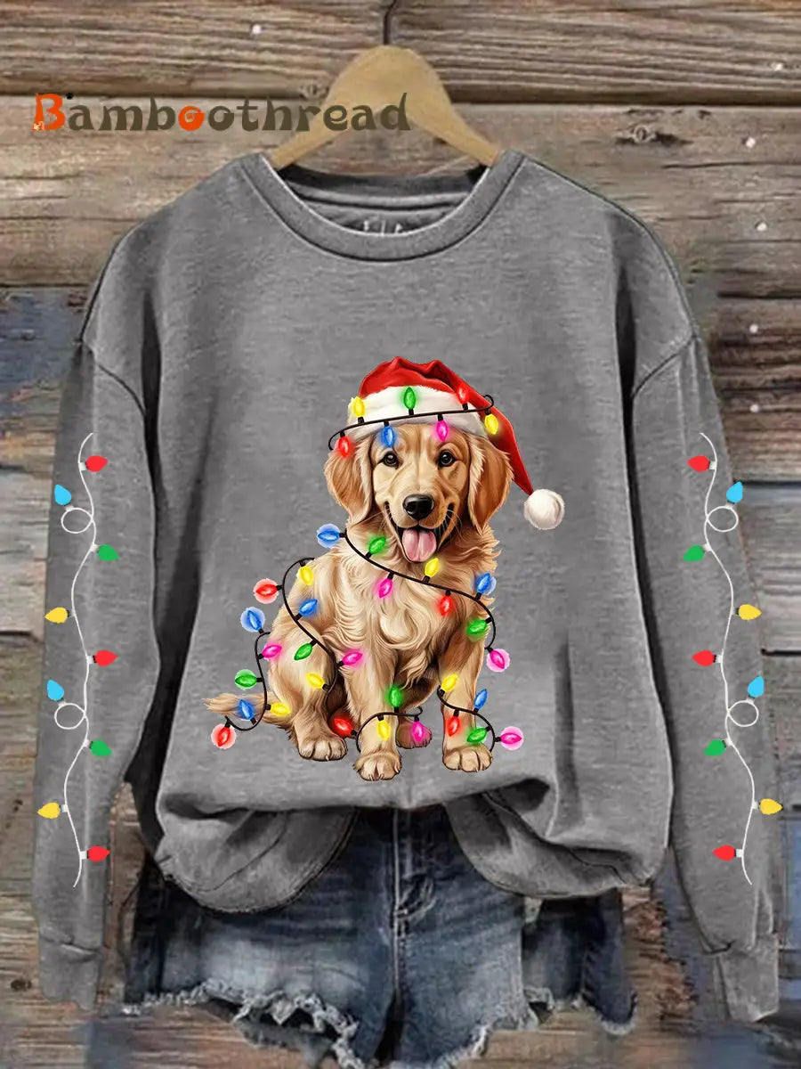Women’s Christmas Lights Dog Print Casual Sweatshirt Light Gray / S