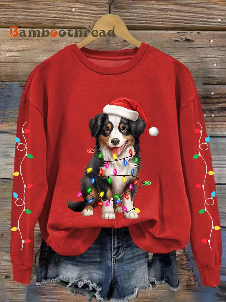 Women’s Christmas Lights Dog Print Casual Sweatshirt Red / S