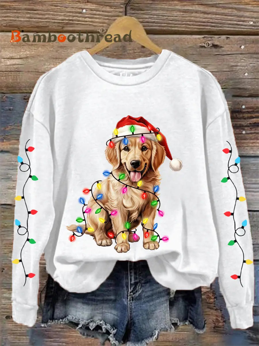 Women’s Christmas Lights Dog Print Casual Sweatshirt White / S