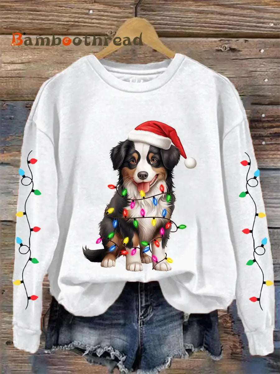 Women’s Christmas Lights Dog Print Casual Sweatshirt White / S