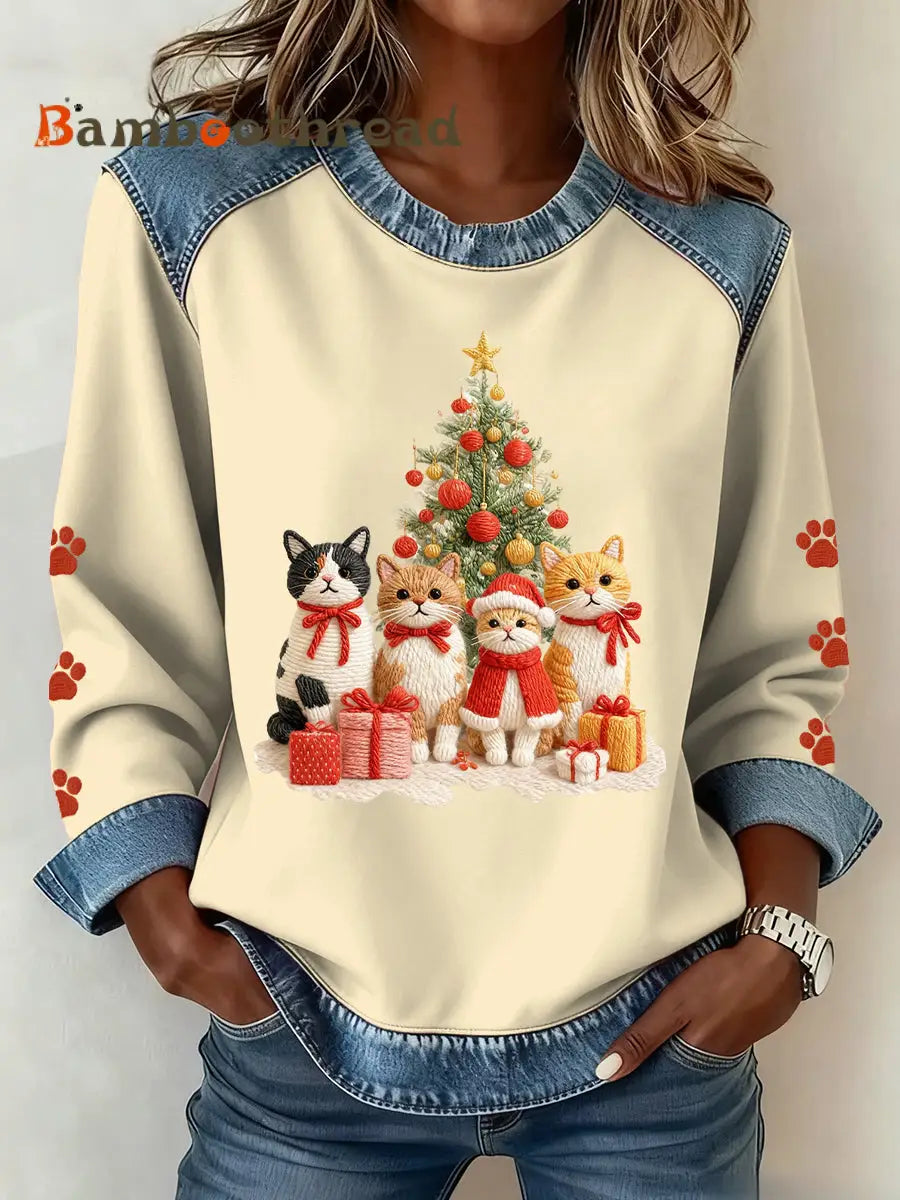 Women’s Christmas Pattern Patchwork Art Sweatshirt Apricot / S