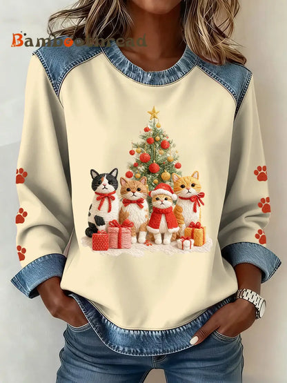 Women’s Christmas Pattern Patchwork Art Sweatshirt Apricot / S