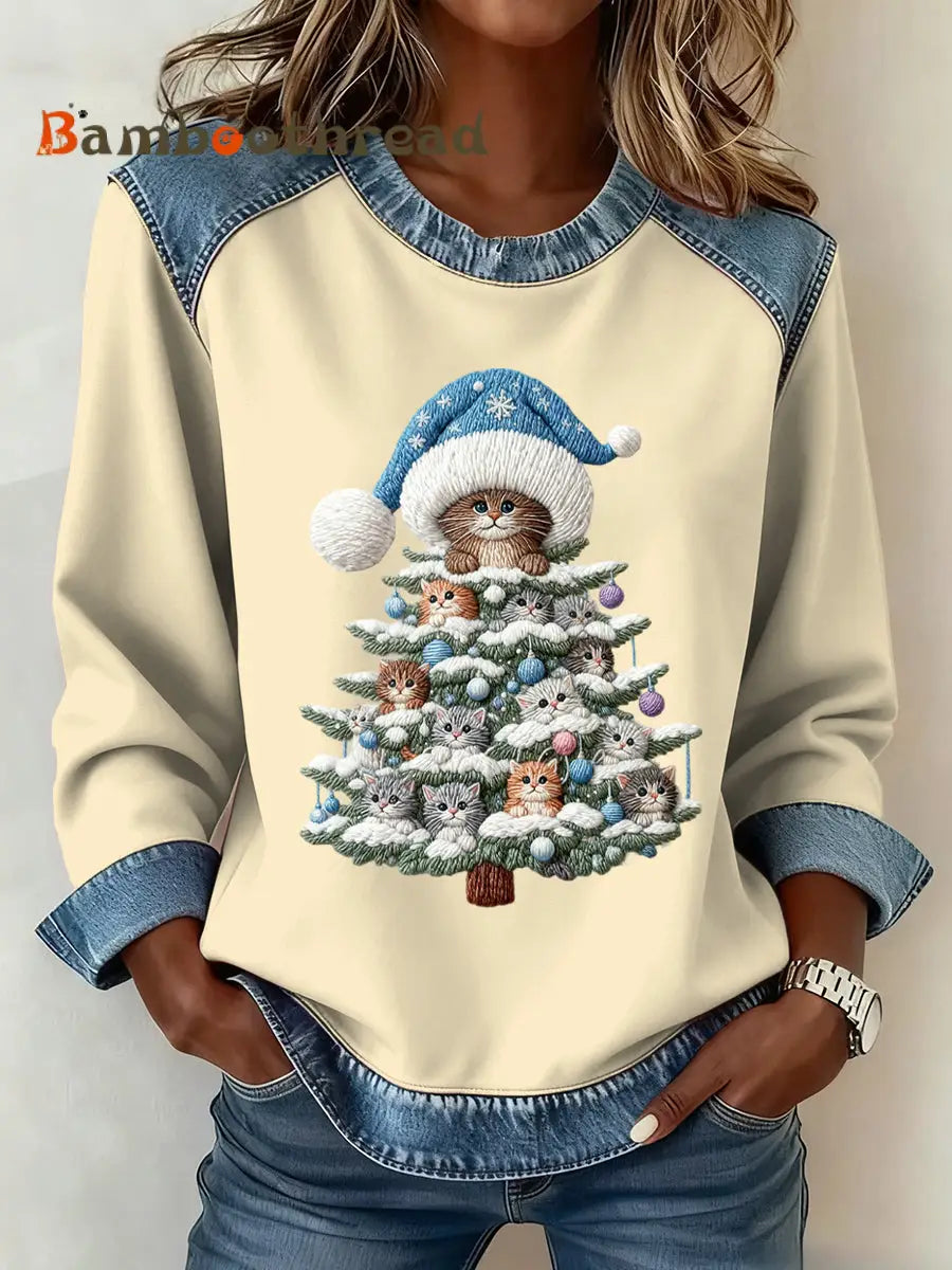 Women’s Christmas Pattern Patchwork Art Sweatshirt Apricot / S