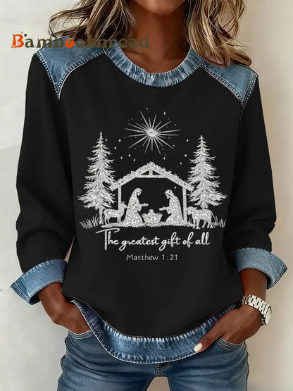 Women’s Christmas Pattern Patchwork Art Sweatshirt Black / S