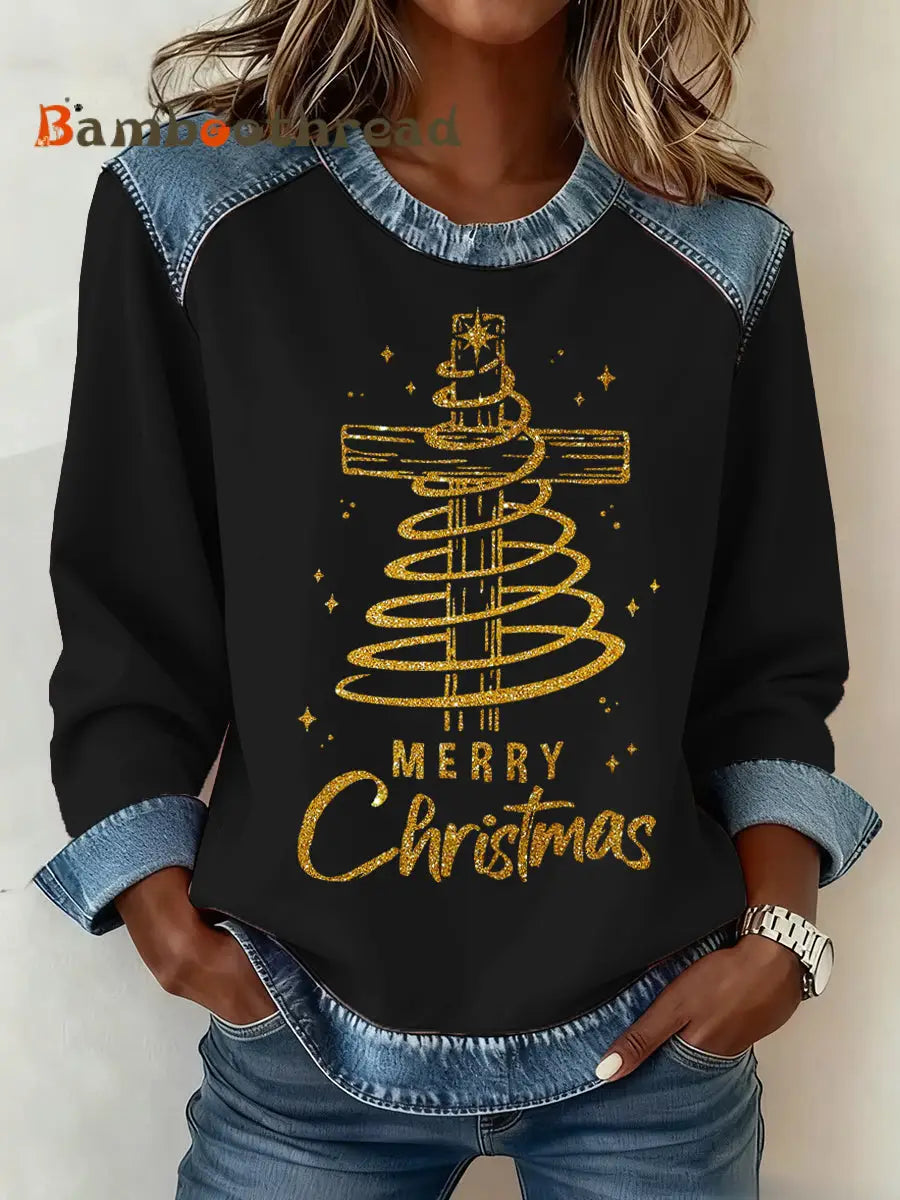 Women’s Christmas Pattern Patchwork Art Sweatshirt Black / S