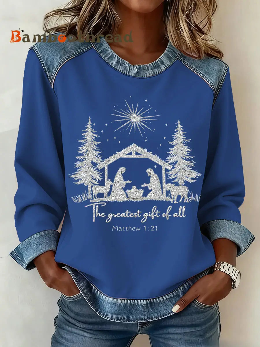 Women’s Christmas Pattern Patchwork Art Sweatshirt Blue / S