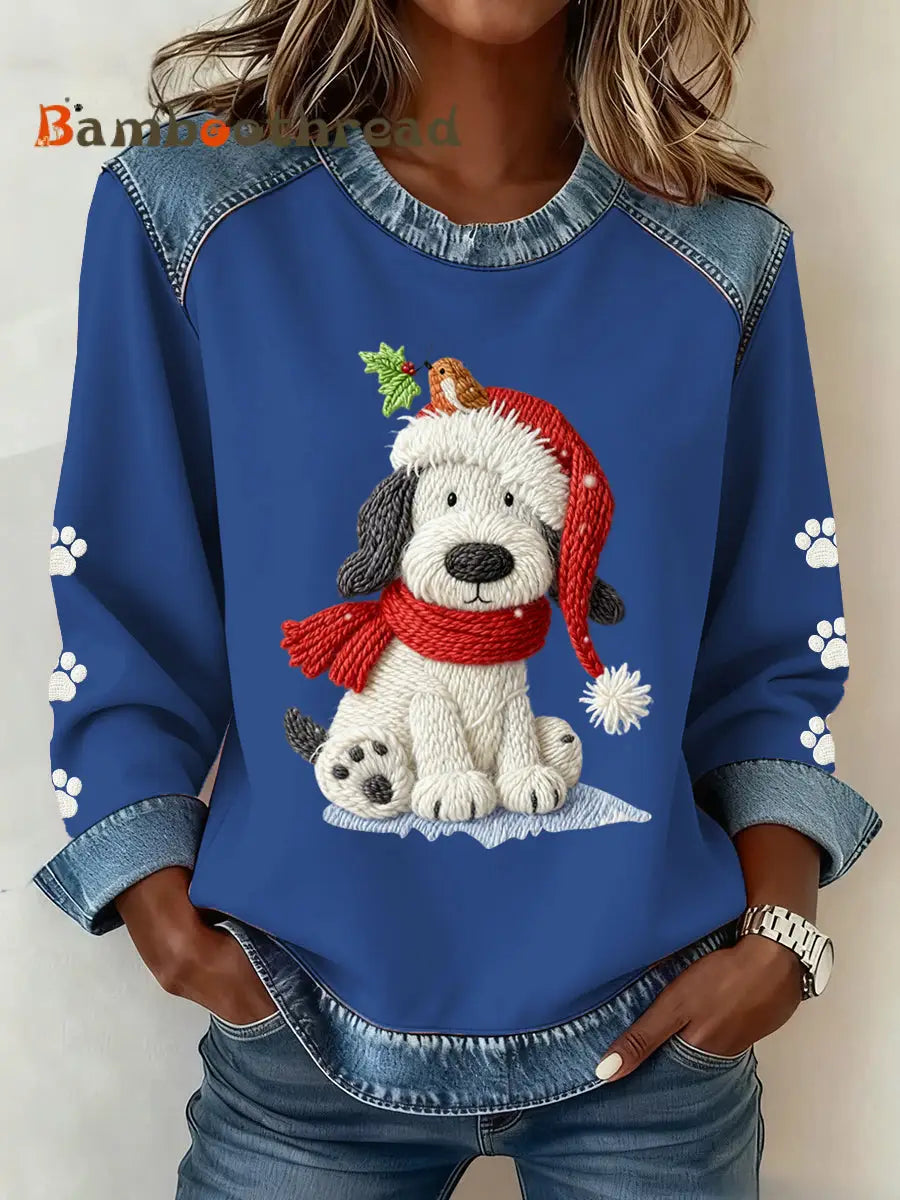 Women’s Christmas Pattern Patchwork Art Sweatshirt Blue / S