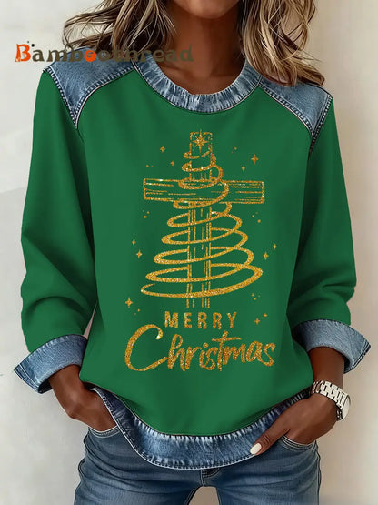 Women’s Christmas Pattern Patchwork Art Sweatshirt Green / S