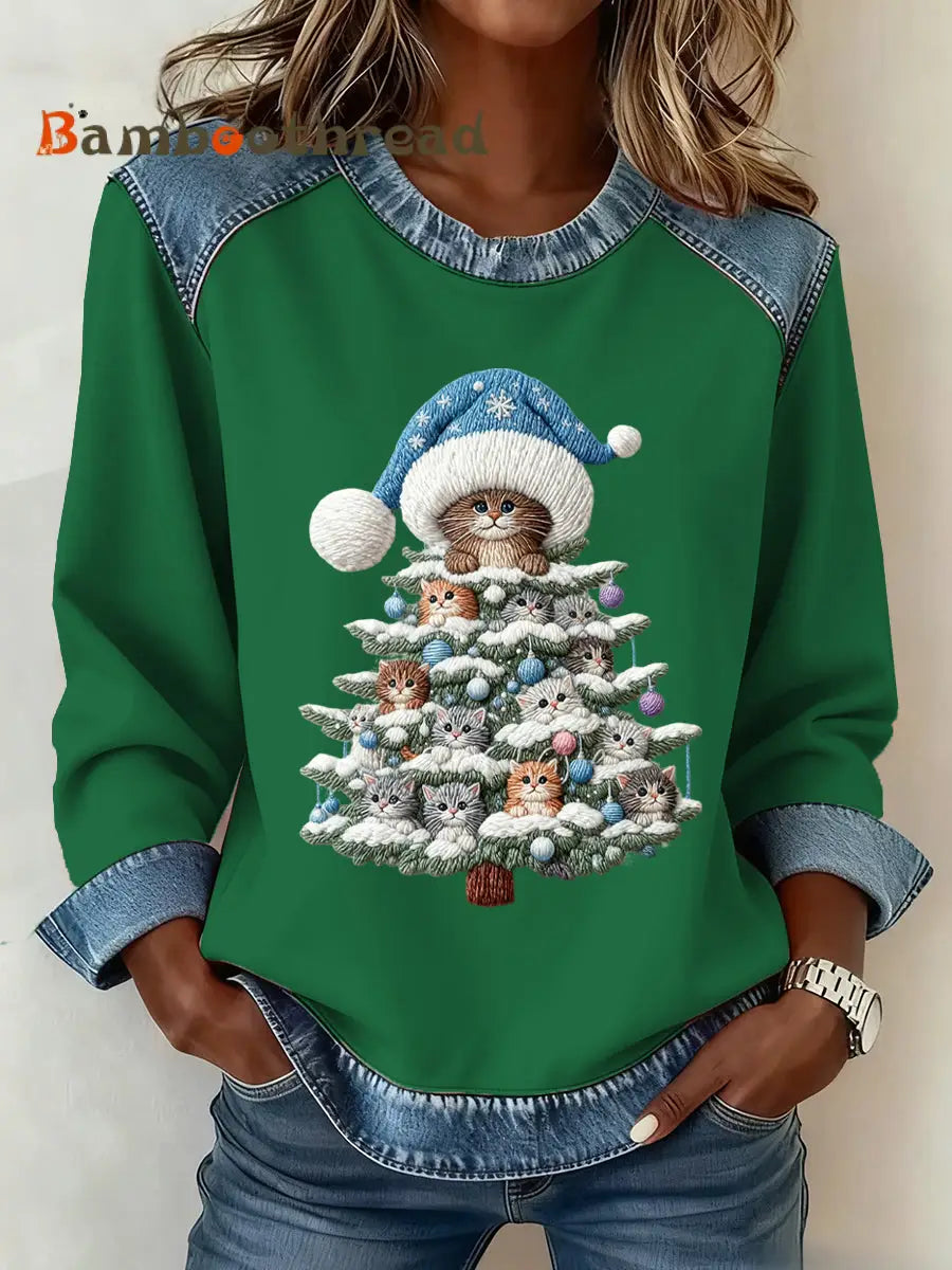 Women’s Christmas Pattern Patchwork Art Sweatshirt Green / S
