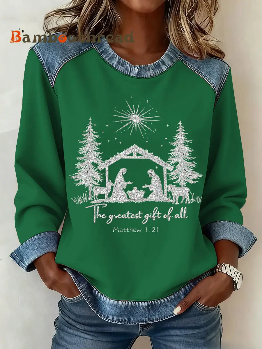 Women’s Christmas Pattern Patchwork Art Sweatshirt Green / S