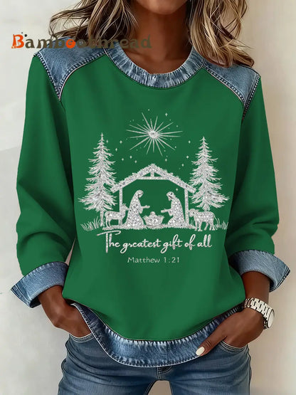 Women’s Christmas Pattern Patchwork Art Sweatshirt Green / S