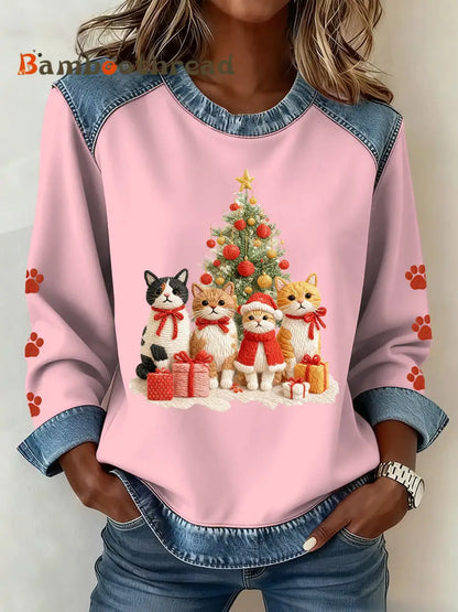 Women’s Christmas Pattern Patchwork Art Sweatshirt Pink / S