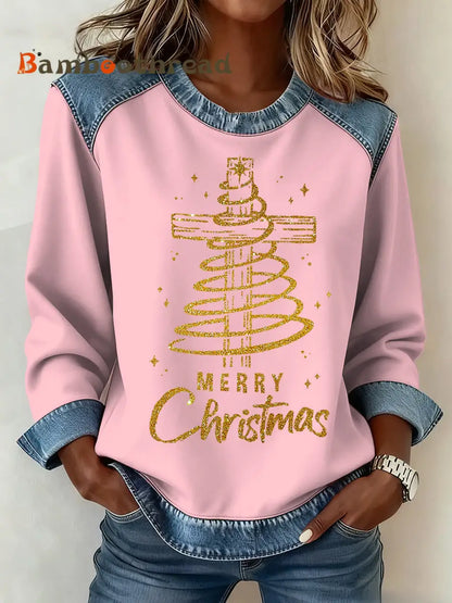 Women’s Christmas Pattern Patchwork Art Sweatshirt Pink / S
