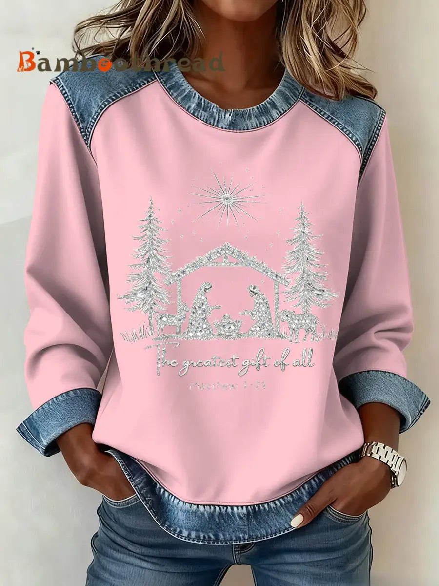 Women’s Christmas Pattern Patchwork Art Sweatshirt Pink / S