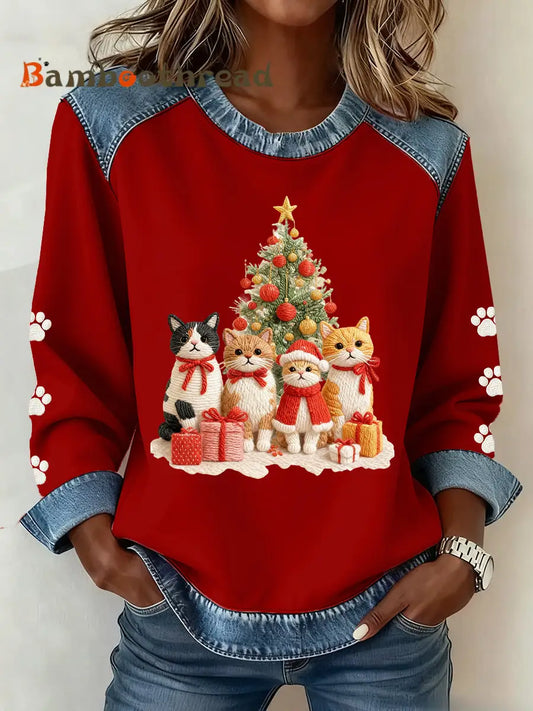 Women’s Christmas Pattern Patchwork Art Sweatshirt Red / S