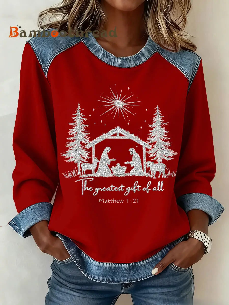 Women’s Christmas Pattern Patchwork Art Sweatshirt Red / S