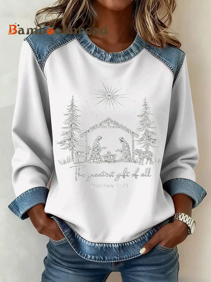 Women’s Christmas Pattern Patchwork Art Sweatshirt White / S