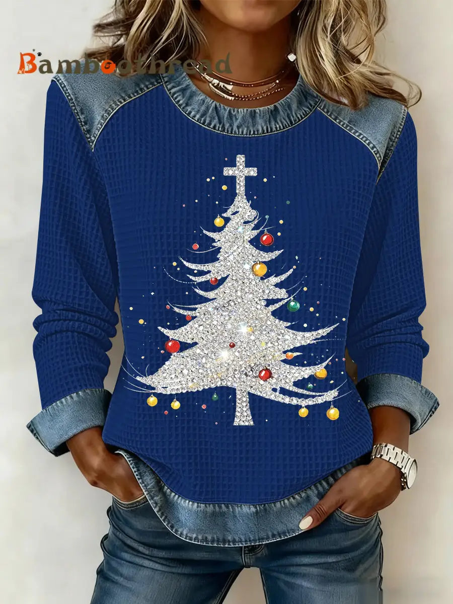 Women’s Christmas Print Waffle Sweatshirt Blue / S