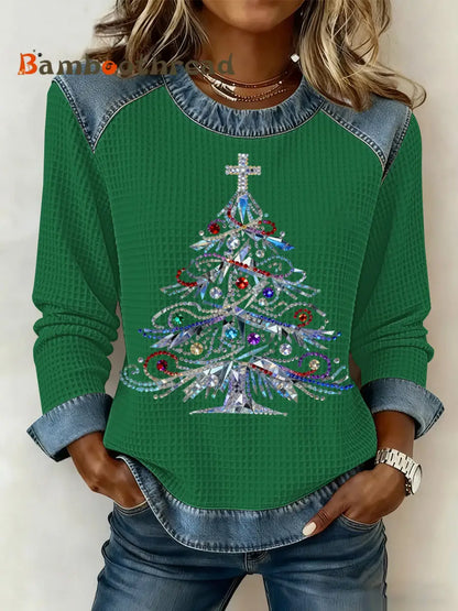 Women’s Christmas Print Waffle Sweatshirt Green / S