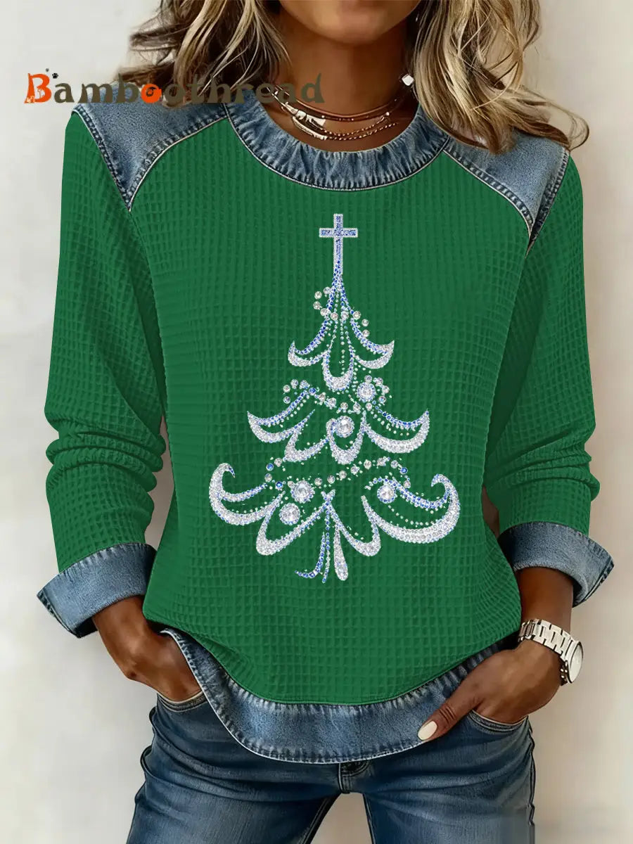 Women’s Christmas Print Waffle Sweatshirt Green / S