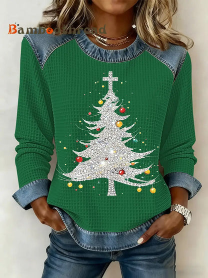 Women’s Christmas Print Waffle Sweatshirt Green / S