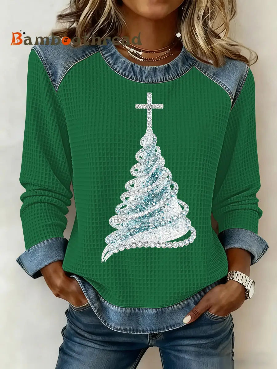 Women’s Christmas Print Waffle Sweatshirt Green / S