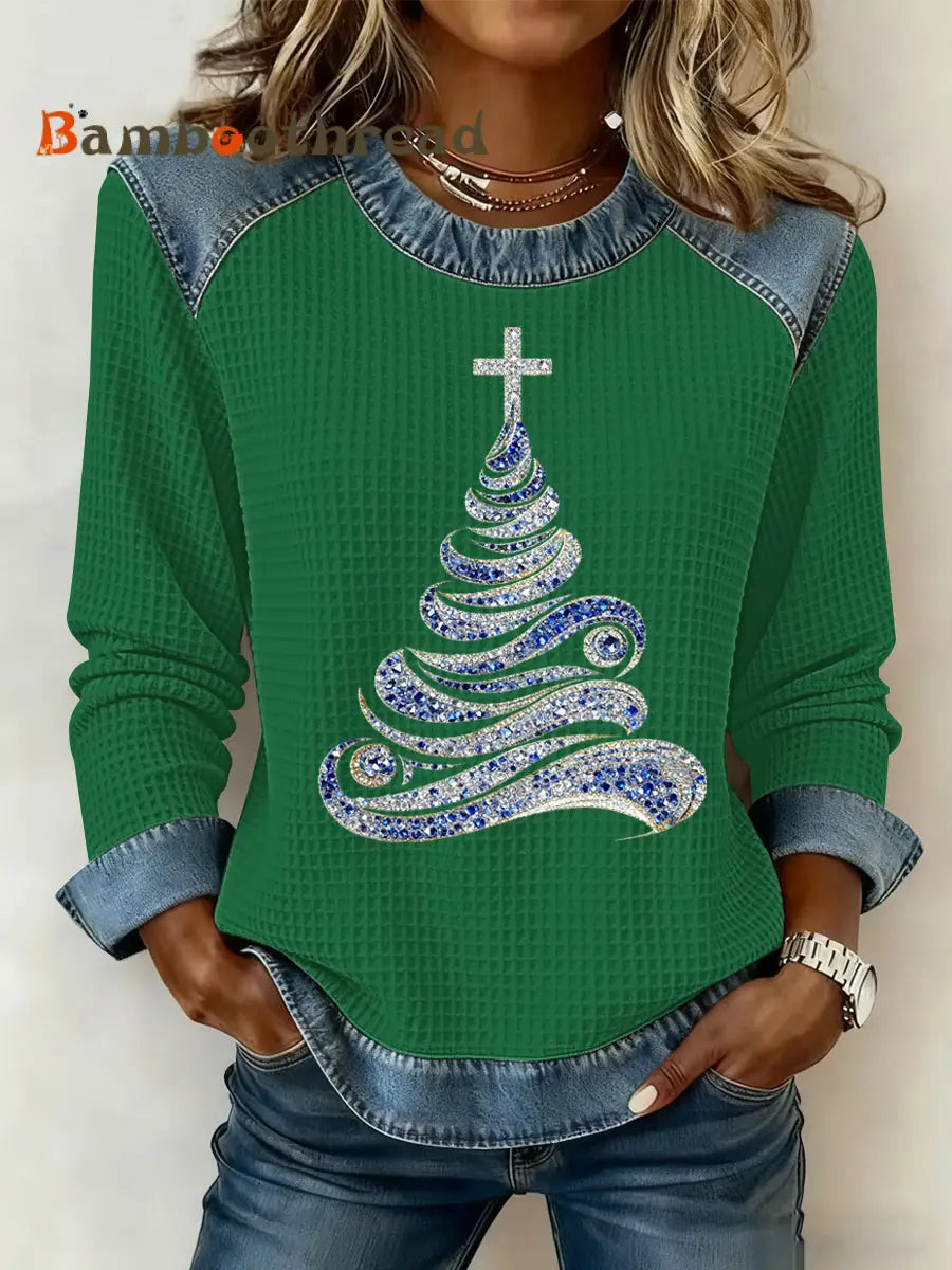 Women’s Christmas Print Waffle Sweatshirt Green / S