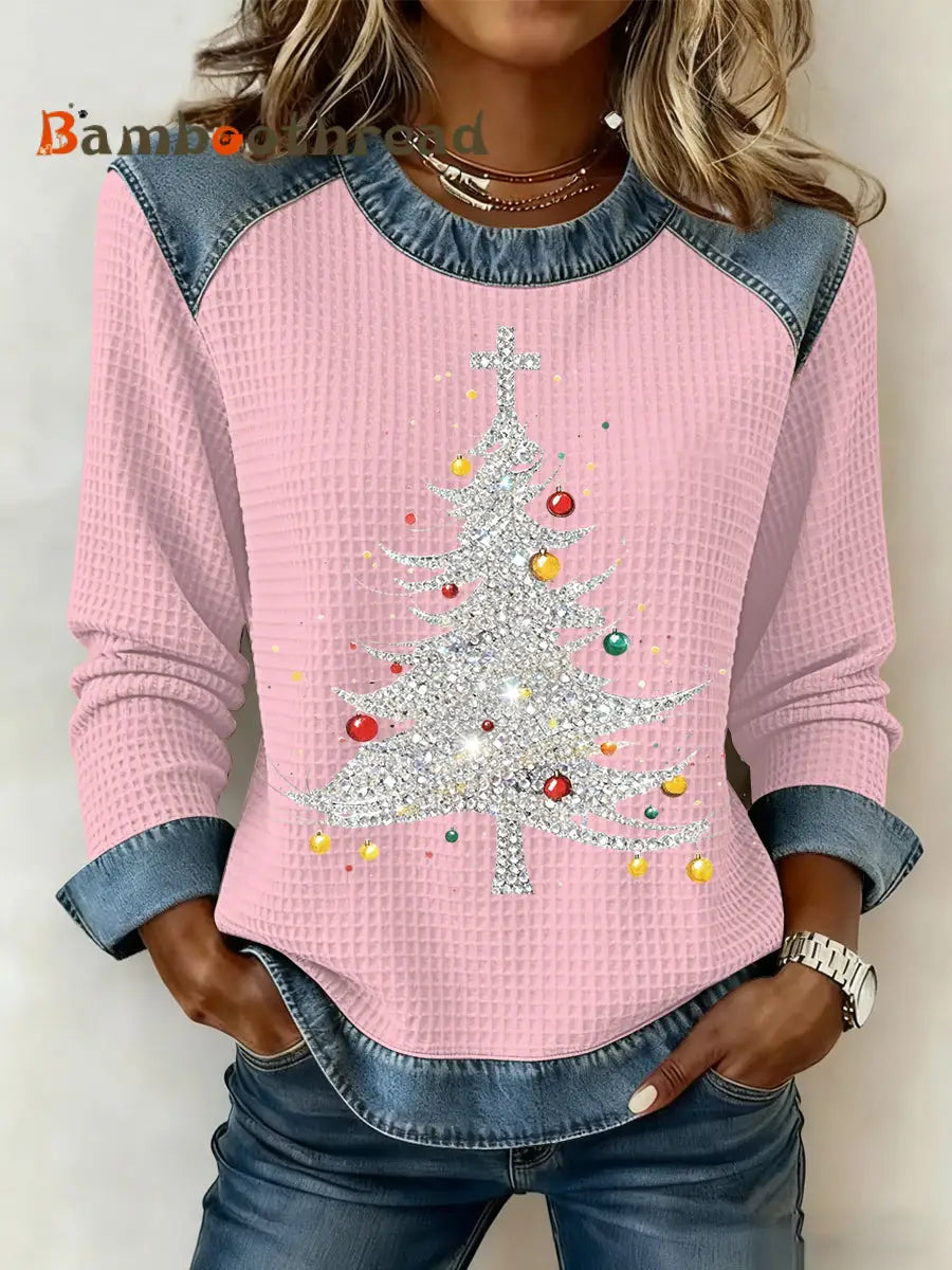 Women’s Christmas Print Waffle Sweatshirt Pink / S