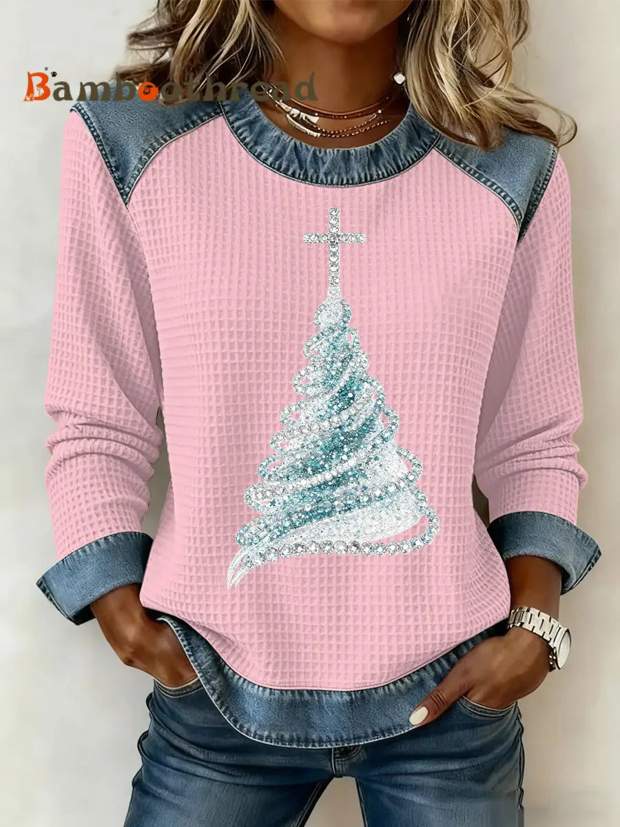 Women’s Christmas Print Waffle Sweatshirt Pink / S