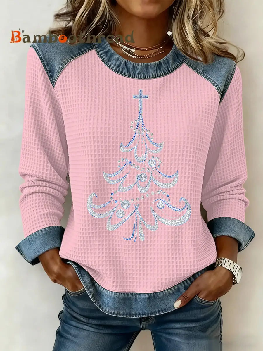 Women’s Christmas Print Waffle Sweatshirt Pink / S
